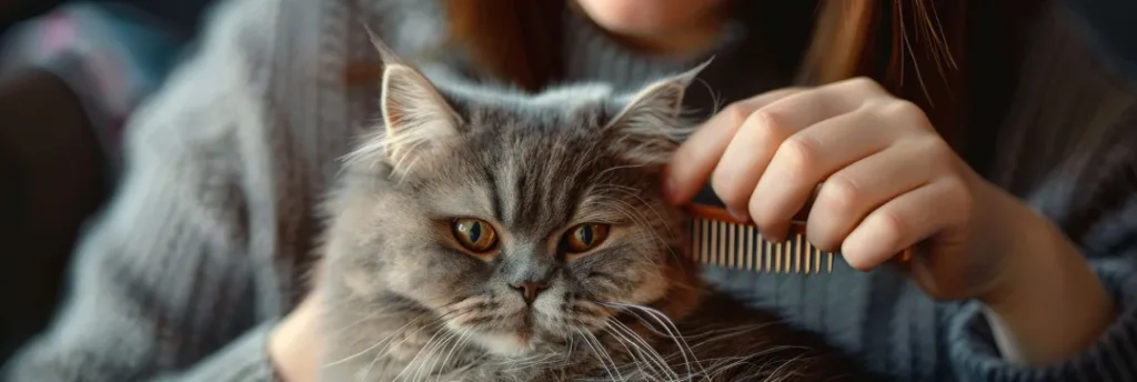 British Shorthair Cat combing and grooming
