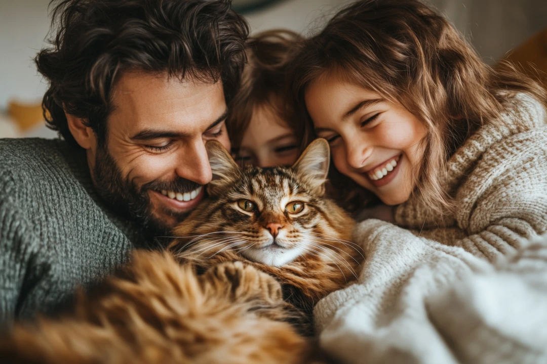 Family enjoys a cozy moment with a Maine Coon cat