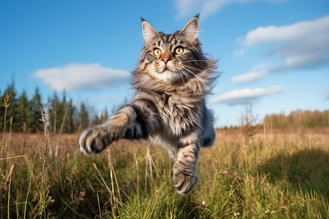Maine coon cat jumping and playing in the fields