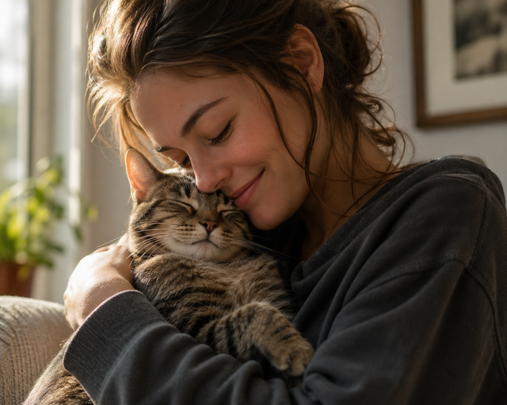image of woman hugging her cat pet